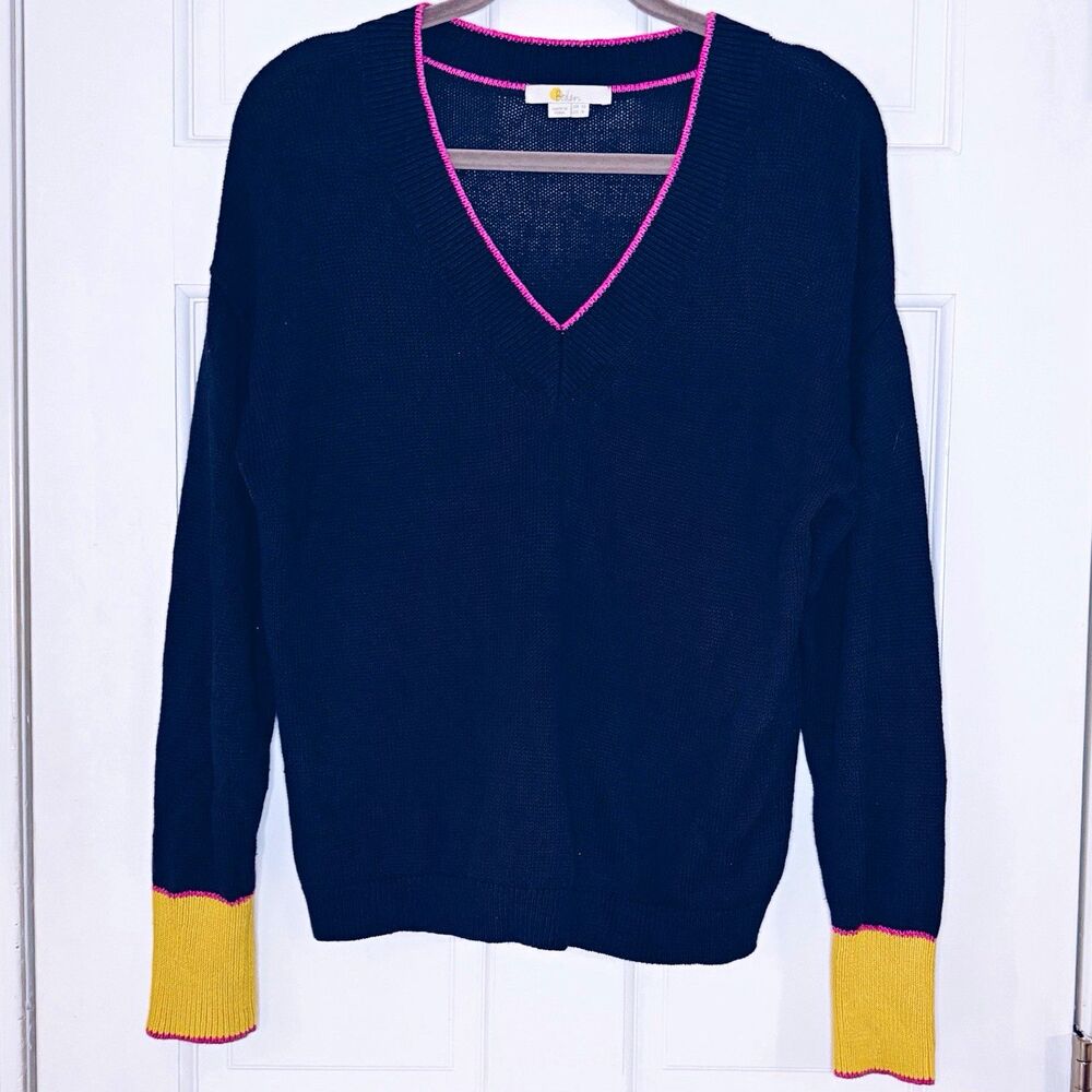 Boden Womens Sweater Size 8 Navy Linen Cotton V Neck Yellow Colorblock Cuffs
